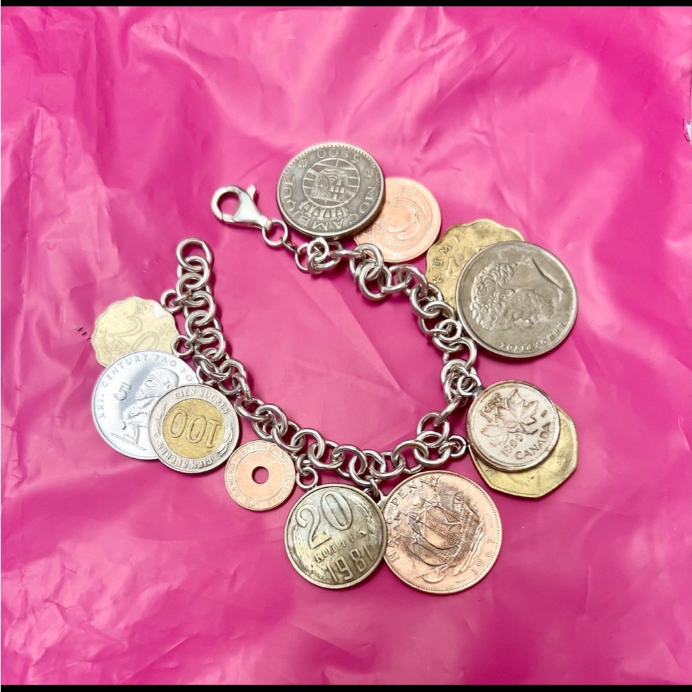 Sterling Silver 12 Coins Charm Bracelet Made In Italy